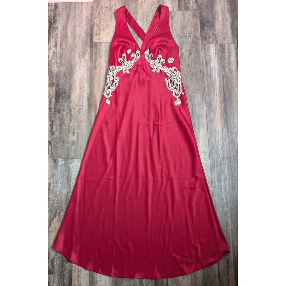 Vintage Victoria's Secret Long Slip Dress Women's Small Embroidered Wine Red